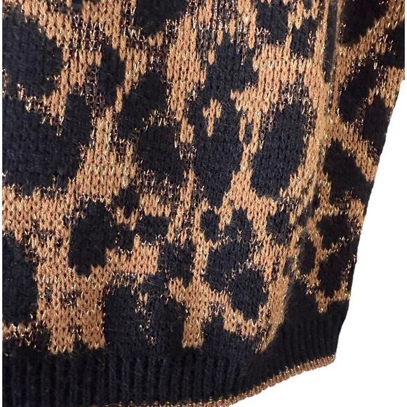 Vintage 80s Crewneck Leopard Pullover Knit Sweater Black Brown Metallic Gold, L - Picture 7 of 11